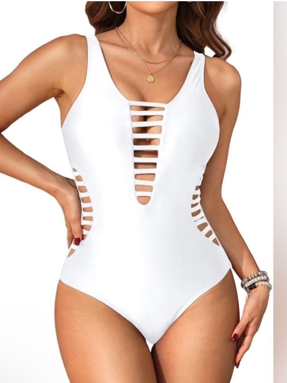 NWT Aqua Eve White Sexy One
Piece Swimsuit Deep V Neck Cutout Beach Size Medium